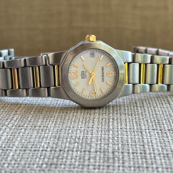 ESQ OCEANIA Swiss Women Wrist Watch Date Calendar Analog Quartz Silver/Gold Tone - Picture 7 of 13